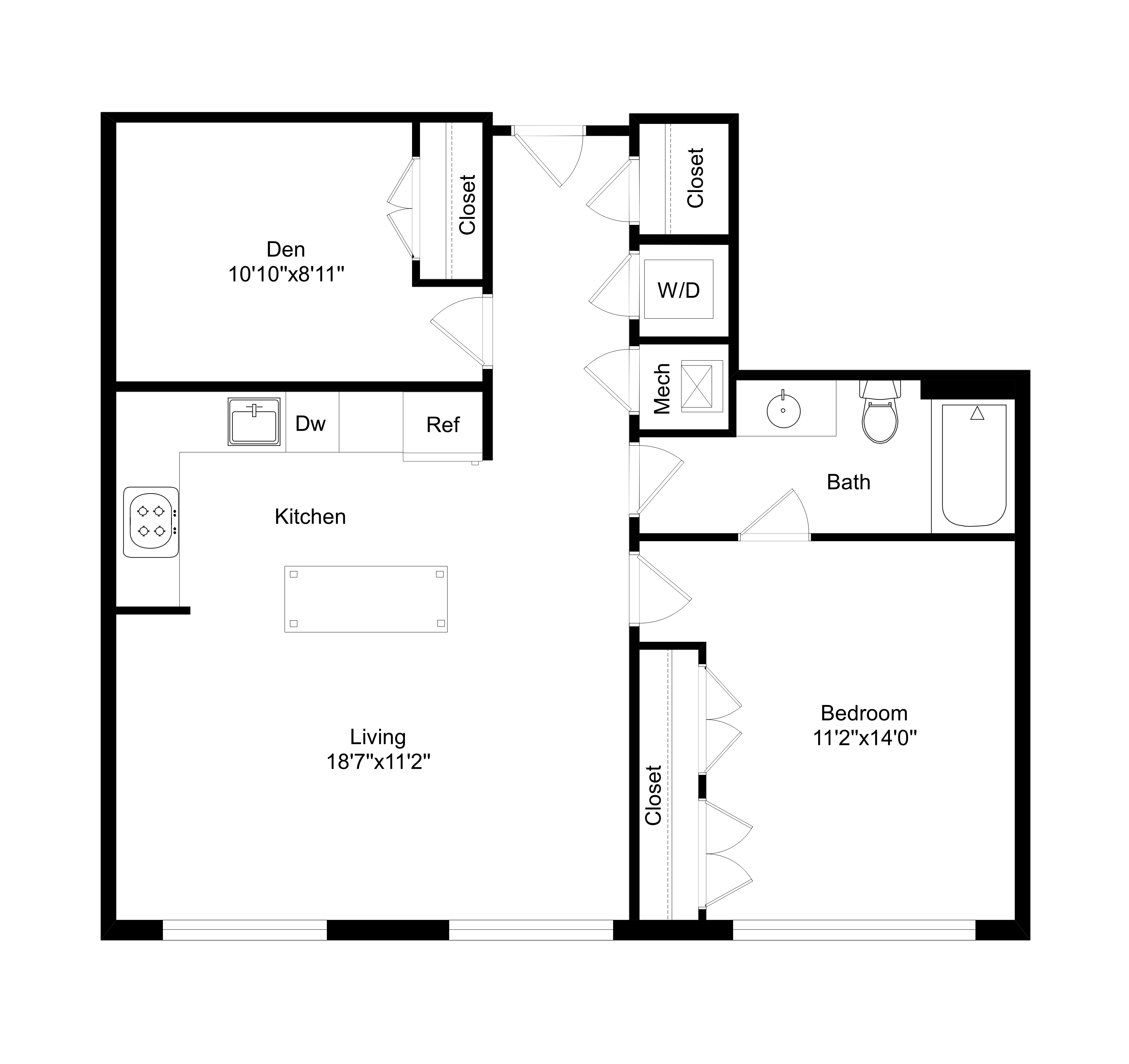 Floor plan for 1 bed, 1 bath, 883 sqft